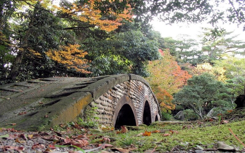 Stone Bridge in Garden — Green, Serene, Autumn, Photograph, Trees, Moss
