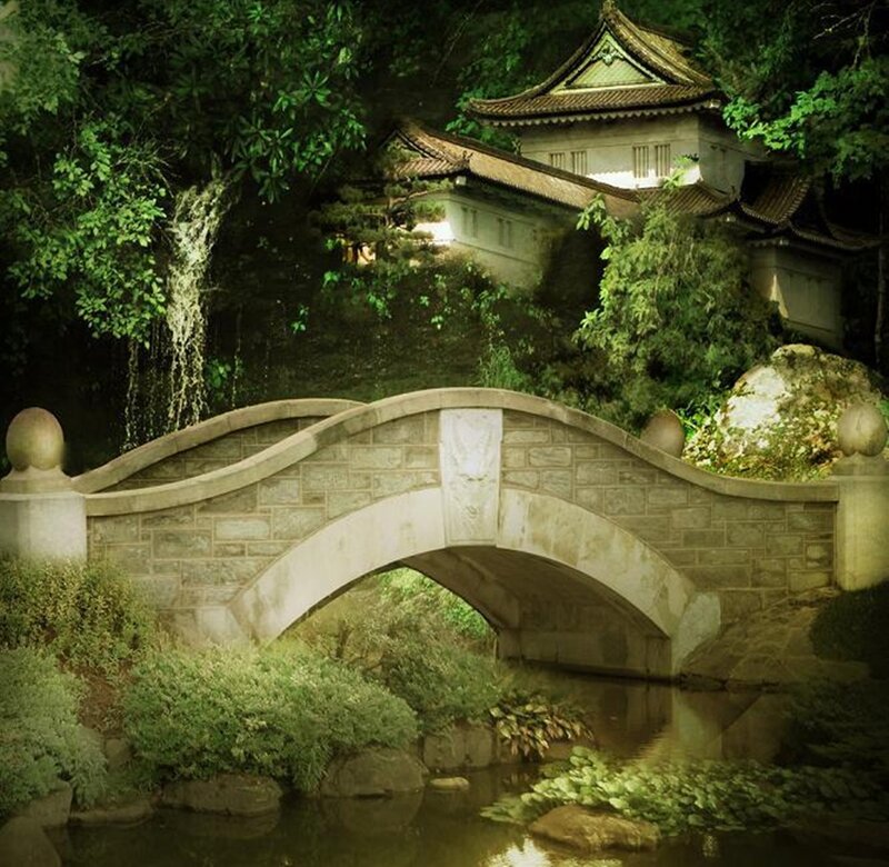 Stone Bridge in Garden — Green, Serene, Night