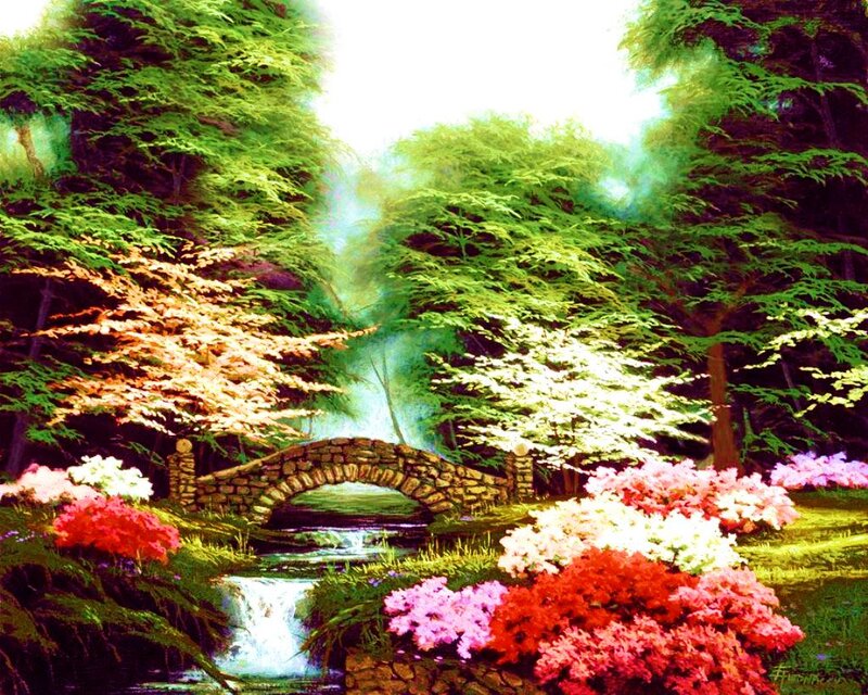 Stone Bridge in Garden — Green, Serene, Spring, Painting, Flowers, Stream