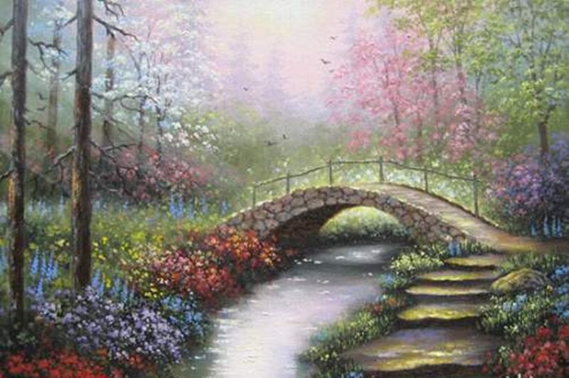 Stone Bridge in Garden — Green, Serene, Spring, Painting, Stream