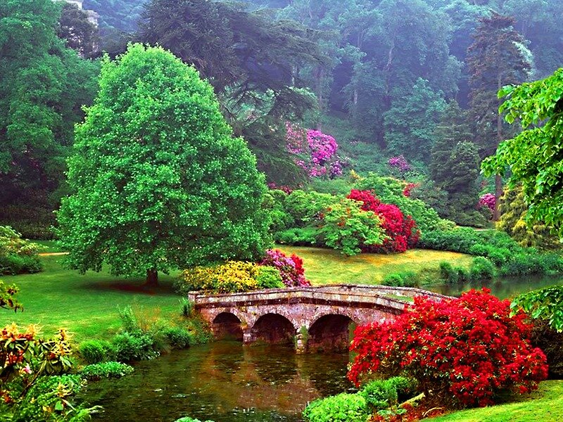 Stone Bridge in Garden — Green, Serene, Spring, Photograph, River