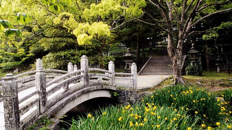 Stone Bridge in Garden — Green, Serene, Spring, Photograph, Trees