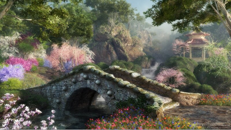Stone Bridge in Garden — Green, Serene, Spring