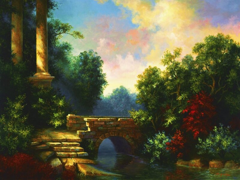 Stone Bridge in Garden — Green, Serene, Sunset