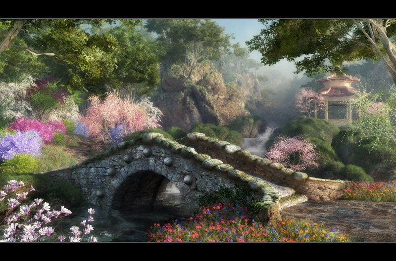 Stone Bridge in Garden — Green