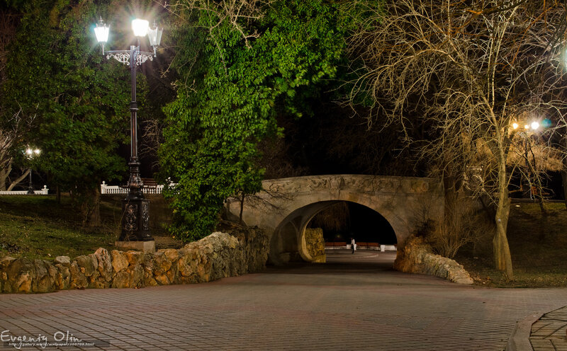 Stone Bridge in Park — Green, Serene, Night