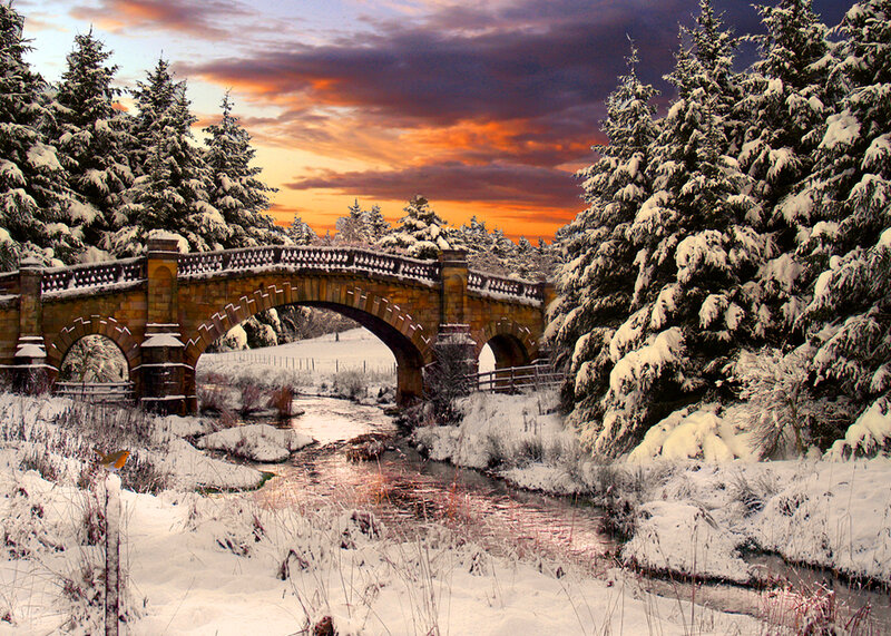 Stone Bridge in Snow — White, Serene