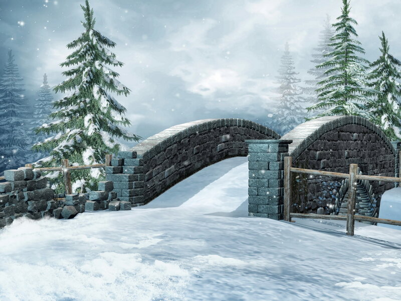 Stone Bridge in Snow — White, Serene, Winter, Digital Art