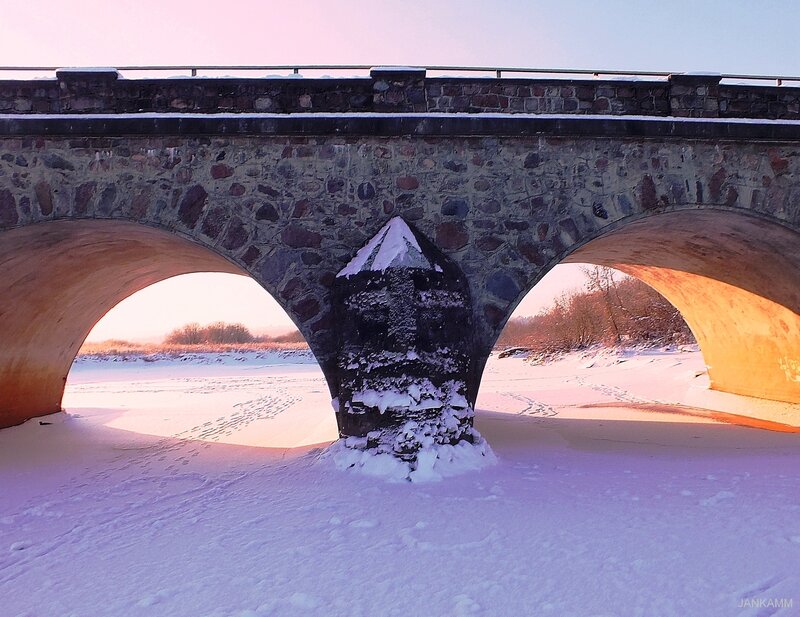 Stone Bridge in Snow — White, Serene, Winter, Photograph, River