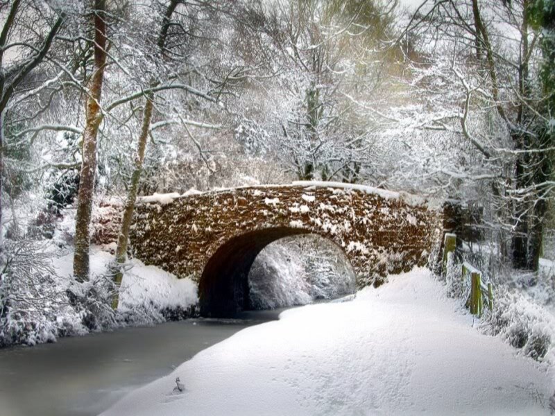 Stone Bridge in Snow — White, Serene, Winter