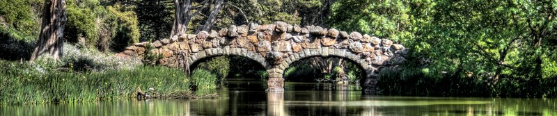 Stone bridge over a serene pond