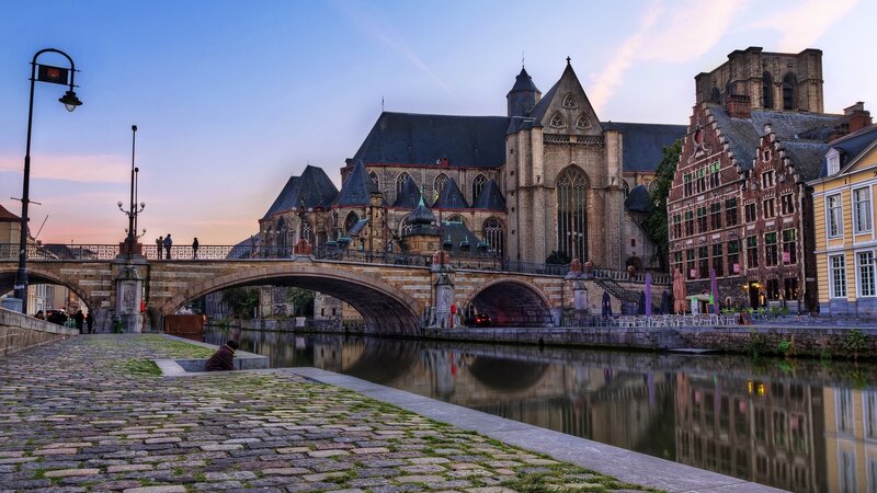 Stone Bridge over Canal — Blue, Serene