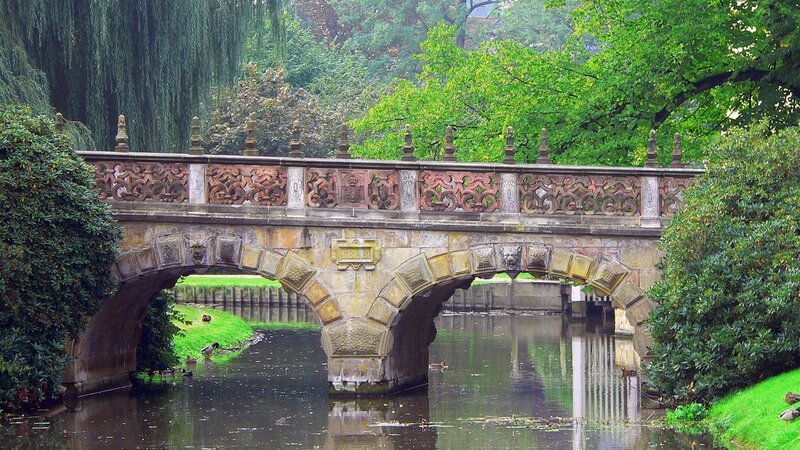 Stone Bridge over Canal — Green, Serene, Afternoon, Photograph, Trees