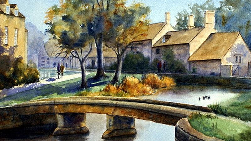 Stone Bridge over Canal — Green, Serene, Autumn, Painting