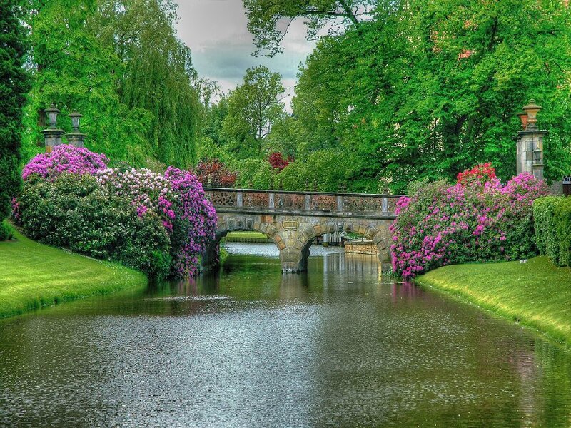 Stone Bridge over Canal — Green, Serene, Spring, Photograph