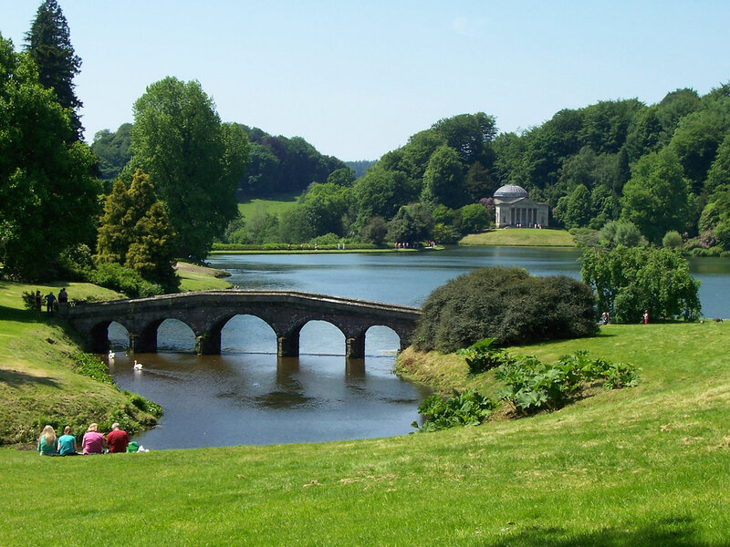 Stone Bridge over Lake — Green, Serene, Afternoon, Photograph, Temple