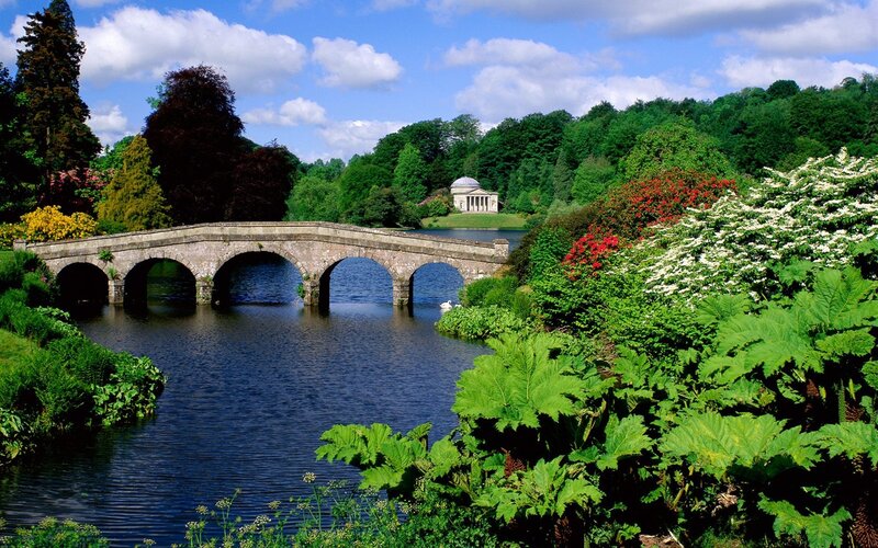 Stone Bridge over Lake — Green, Serene, Afternoon
