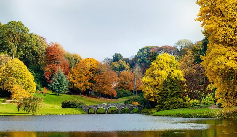 Stone Bridge over Lake — Green, Serene, Autumn, Photograph, Trees, Hill