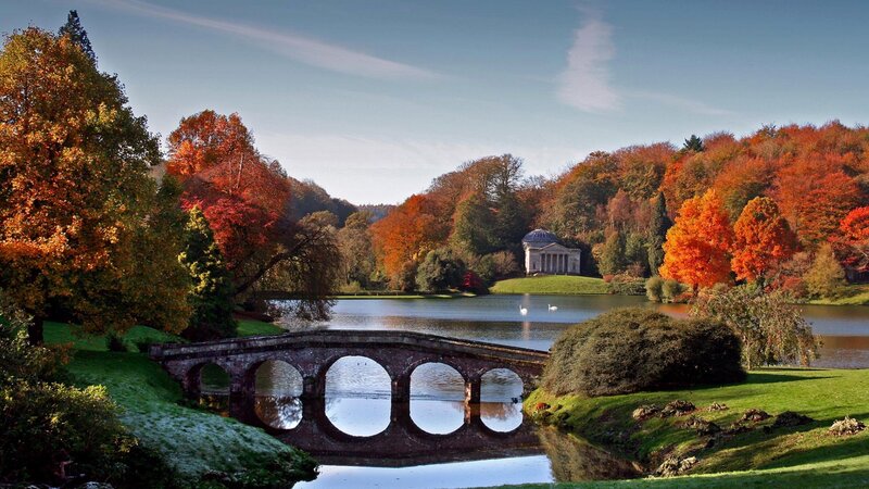 Stone Bridge over Lake — Green, Serene, Autumn, Photograph, Trees, Temple