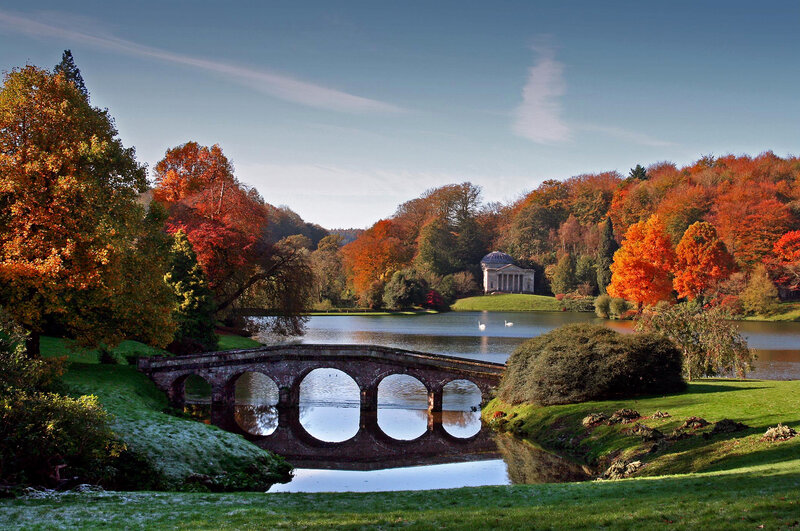Stone Bridge over Lake — Green, Serene, Autumn, Photograph, Trees