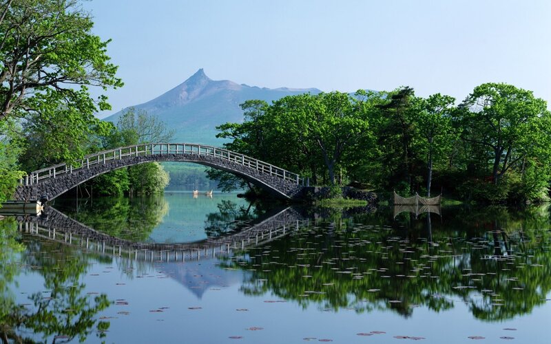 Stone Bridge over Lake — Green, Serene, Spring, Photograph