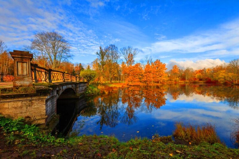 Stone Bridge over Pond — Blue