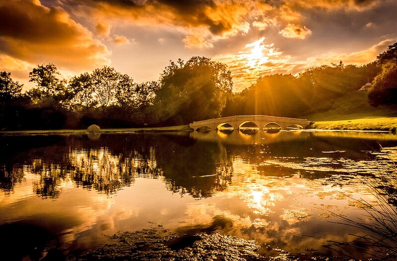 Stone Bridge over Pond — Gold