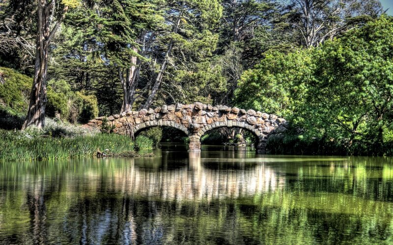 Stone Bridge over Pond — Green, Serene, Afternoon, Photograph, Trees, Arches