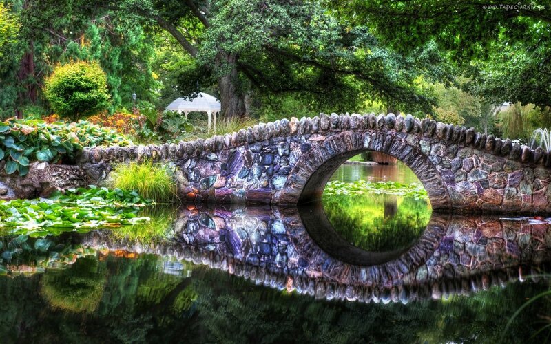 Stone Bridge over Pond — Green, Serene, Afternoon, Photograph, Trees, Gazebo, Lily Pads, Brown
