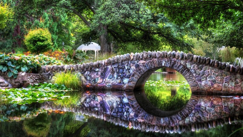 Stone Bridge over Pond — Green, Serene, Afternoon, Photograph, Trees, Gazebo