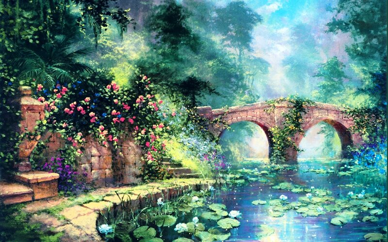 Stone Bridge over Pond — Green, Serene, Morning