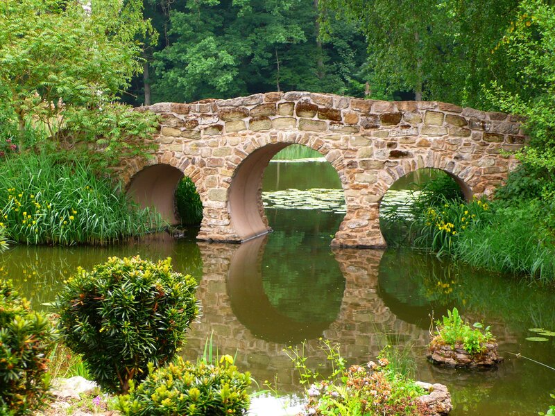 Stone Bridge over Pond — Green, Serene, Summer
