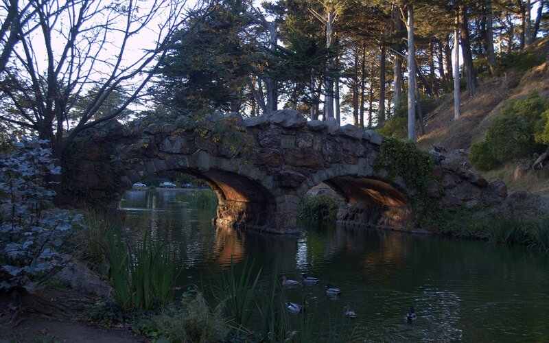 Stone Bridge over Pond — Green, Serene, Sunset, Photograph