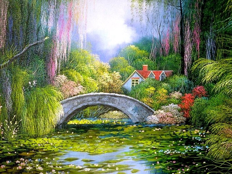 Stone Bridge over Pond — Green, Serene