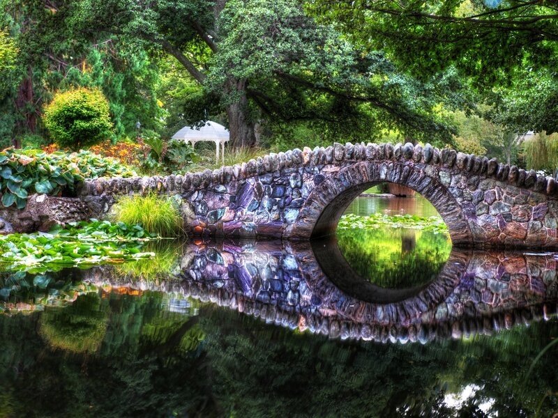 Stone Bridge over Pond — Green