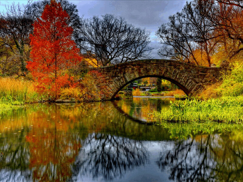 Stone Bridge over Pond — Red, Serene