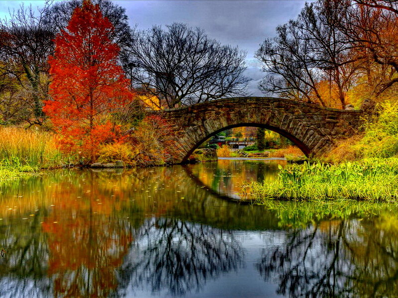 Stone Bridge over Pond — Red