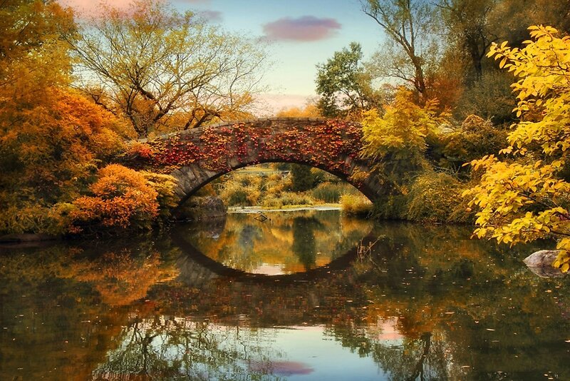 Stone Bridge over Pond — Yellow
