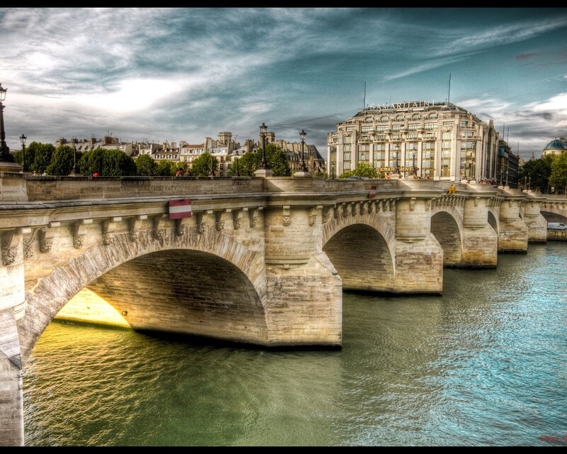 Stone Bridge over River — Blue, Dramatic, Afternoon, Photograph, Building, Clouds, Trees