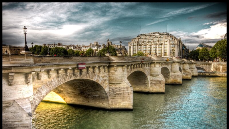 Stone Bridge over River — Blue, Dramatic, Afternoon, Photograph, Building, Trees