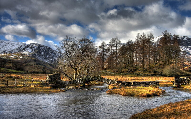 Stone Bridge over River — Blue, Dramatic, Autumn, Photograph