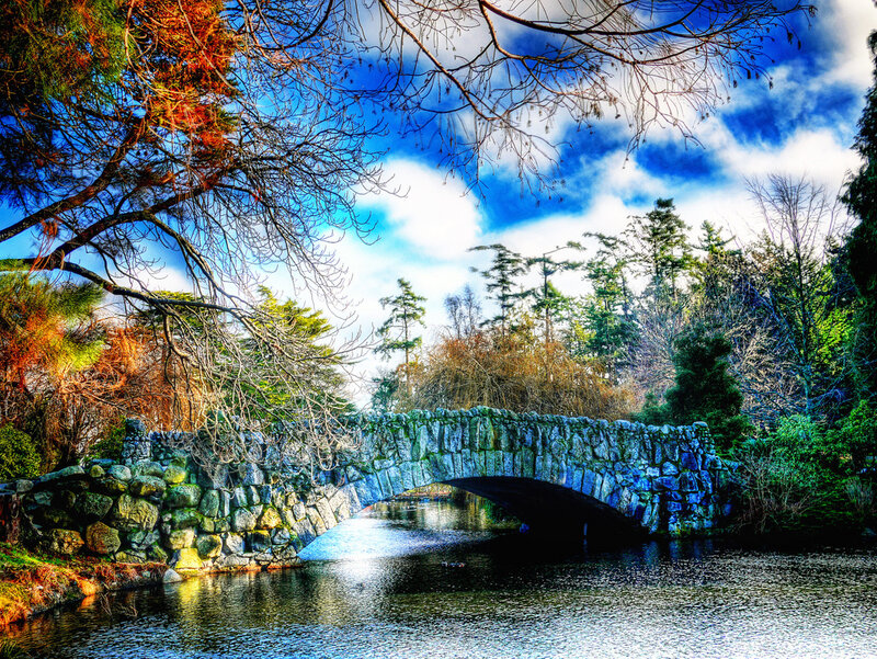 Stone Bridge over River — Blue, Dramatic, Autumn