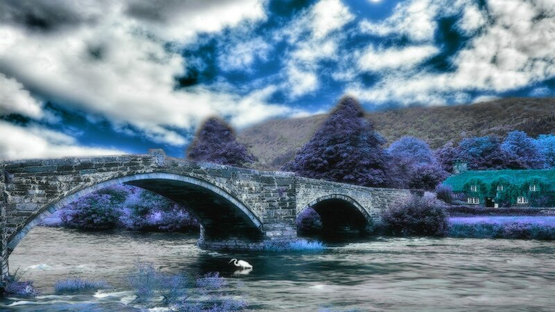 Stone Bridge over River — Blue, Dramatic, Digital Art