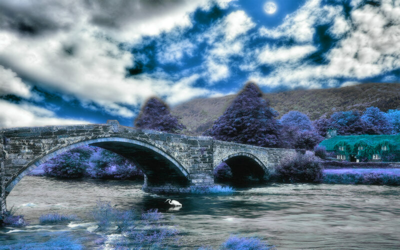 Stone Bridge over River — Blue, Dramatic, Night