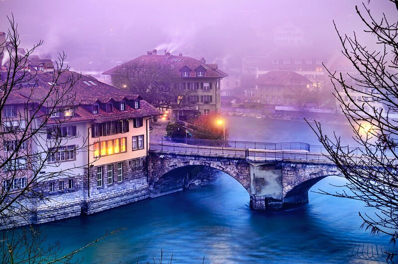 Stone Bridge over River — Blue, Misty