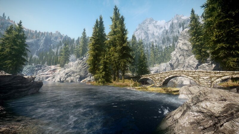 Stone Bridge over River — Blue, Serene, Afternoon, 3d Render, Forest