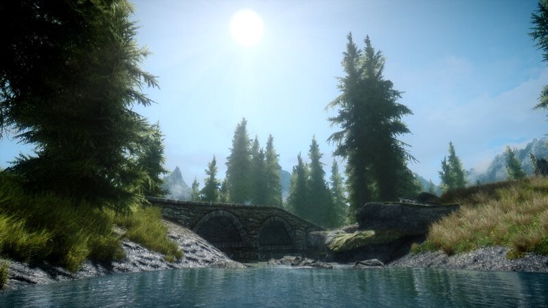 Stone Bridge over River — Blue, Serene, Afternoon, 3d Render, Trees