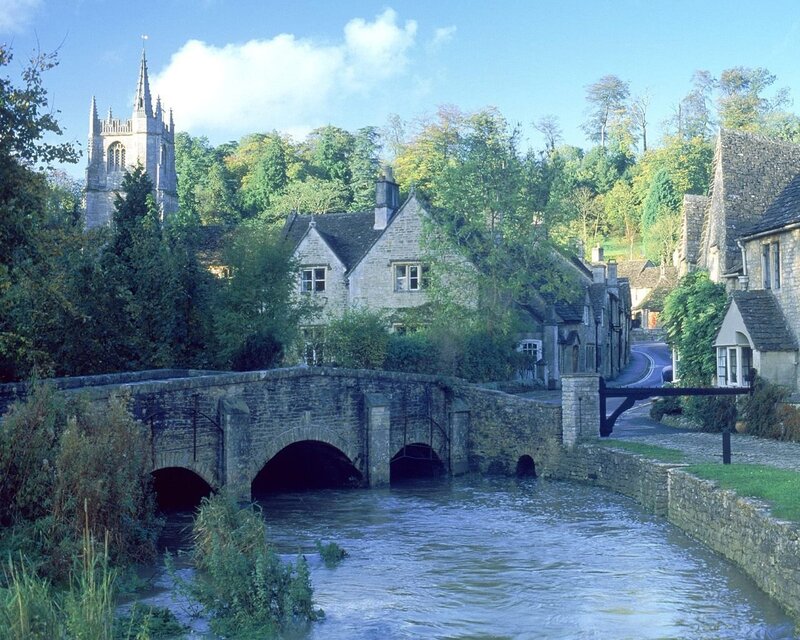 Stone Bridge over River — Blue, Serene, Afternoon, Photograph, Church Steeple