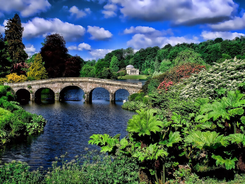 Stone Bridge over River — Blue, Serene, Afternoon, Photograph, Trees