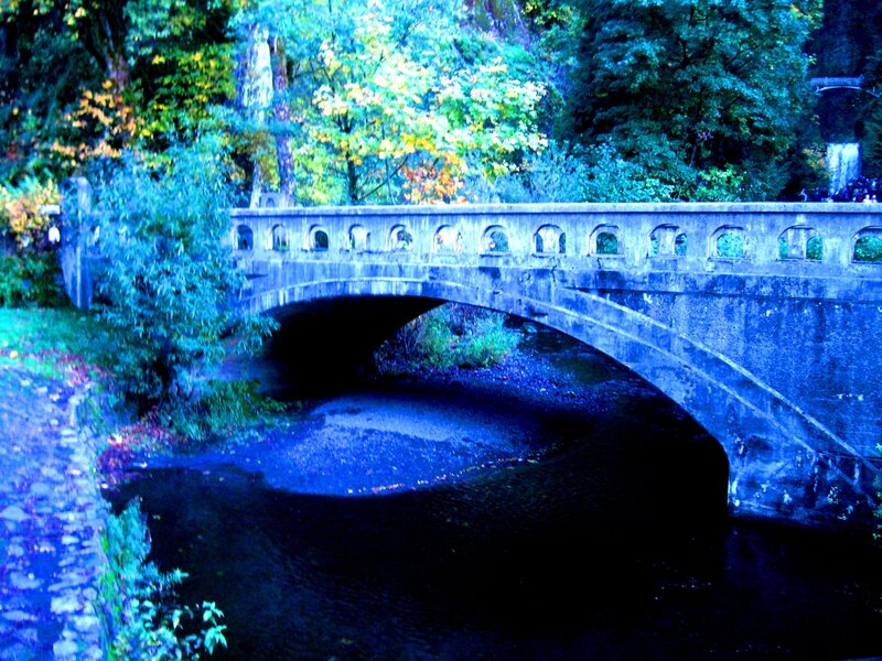 Stone Bridge over River — Blue, Serene, Autumn, Photograph, Trees, Arch